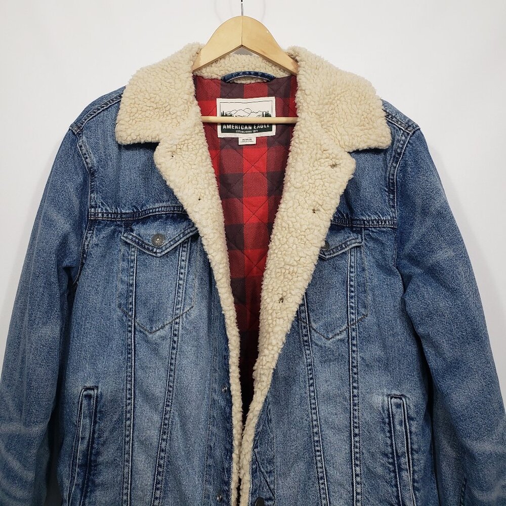 American Eagle  Flannel & Sherpa Lined Denim Jean Trucker Jacket  Men's Medium